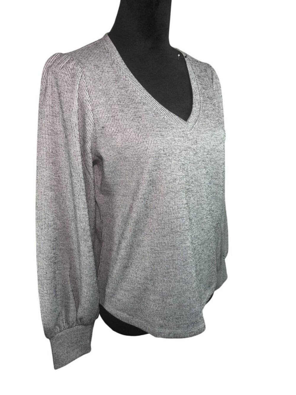 NWT Fever Rib Knit V-Neck Top Gray Black Volume Sleeve Relaxed Fit SmallBrand